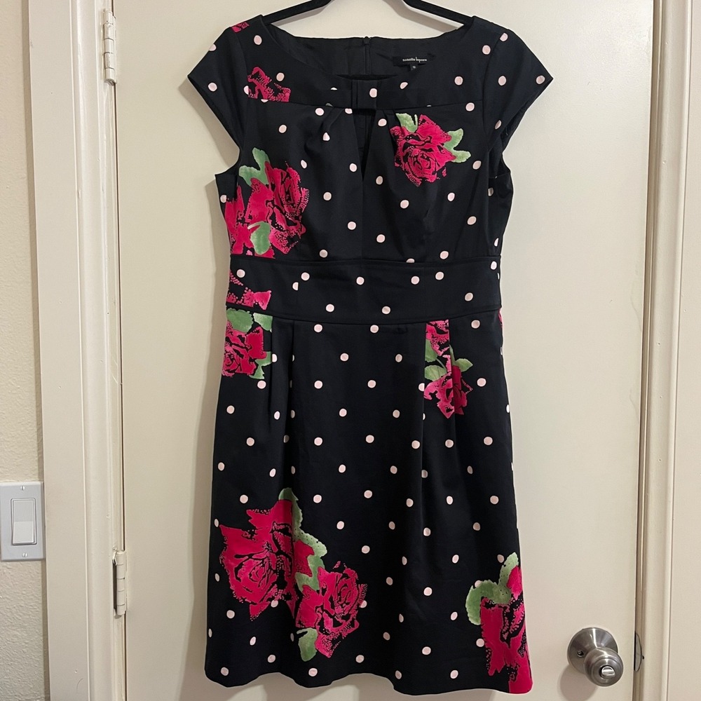 Nanette Lepore Women Floral Polka Dot Fit Flare Dress 10 Black Pink Keyhole Mod